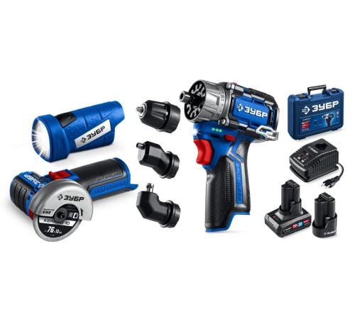 ЗУБР КОМБИ #5 набор: дрель-шуруповерт + мини УШМ + LED фонарь, BRUSHLESS, 12 В, 45 Н·м, 2 АКБ тип Т7 (4 и 2 А·ч), кейс, Профессионал (DB-125-42ABF)