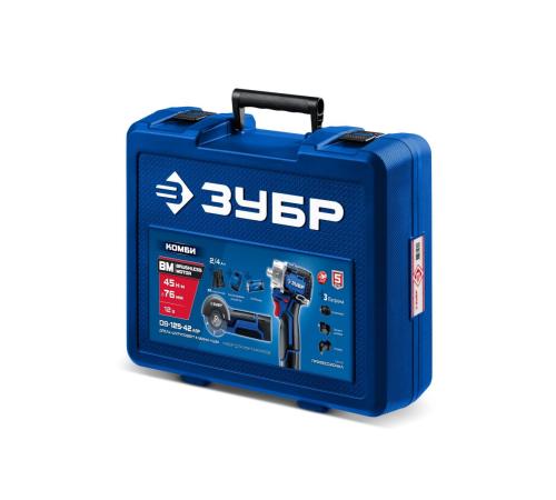 ЗУБР КОМБИ #5 набор: дрель-шуруповерт + мини УШМ + LED фонарь, BRUSHLESS, 12 В, 45 Н·м, 2 АКБ тип Т7 (4 и 2 А·ч), кейс, Профессионал (DB-125-42ABF)