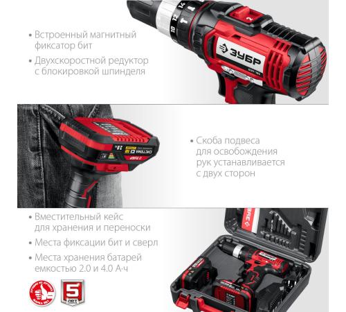 ЗУБР С1-18, 18 В, 40 Н·м, 2 АКБ (2 А·ч), ударная дрель-шуруповерт, кейс (ДШУ-185-22)