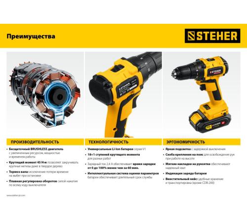 STEHER V1, 20 В, 45 Н·м, без АКБ, бесщеточная дрель-шуруповерт (CDB-200)