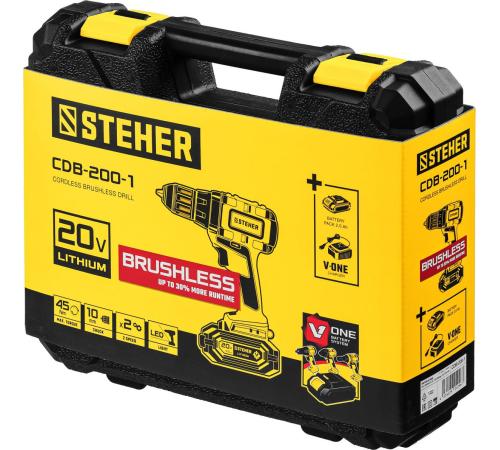 STEHER V1, 20 В, 45 Н·м, 1 АКБ (2 А·ч), бесщеточная дрель-шуруповерт, кейс (CDB-200-1)