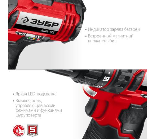 ЗУБР С1-12, 12 В, 30 Н·м, 1 АКБ (2 А·ч), дрель-шуруповерт (ДШЛ-125-21)