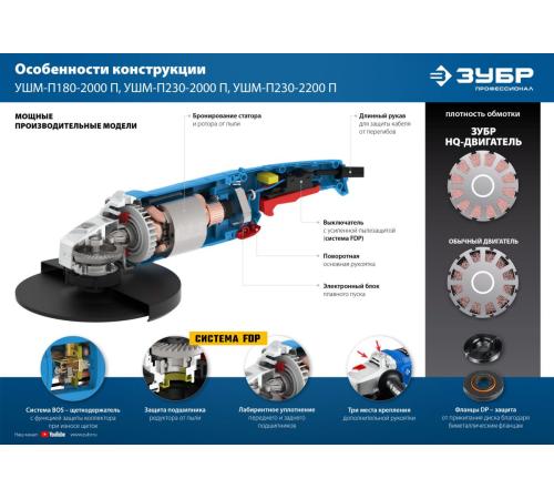 ЗУБР 2200 Вт, d230 мм, УШМ, Профессионал (УШМ-П230-2200 П)