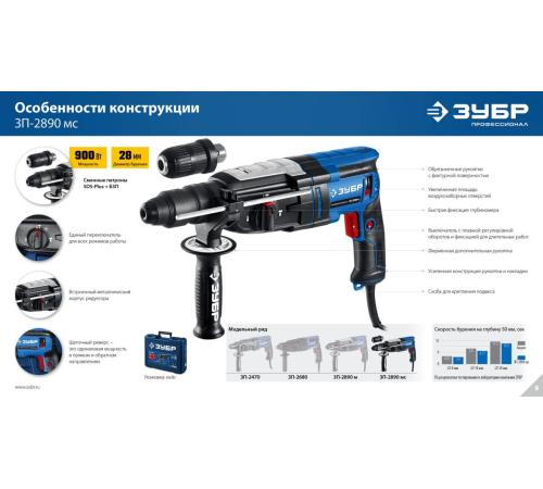 ЗУБР 28 мм, 900 Вт, перфоратор SDS Plus + БЗП, мет. корпус, Профессионал (ЗП-2890 МС)