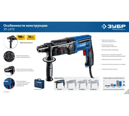 ЗУБР 24 мм, 780 Вт, перфоратор SDS Plus, Профессионал (ЗП-2470)
