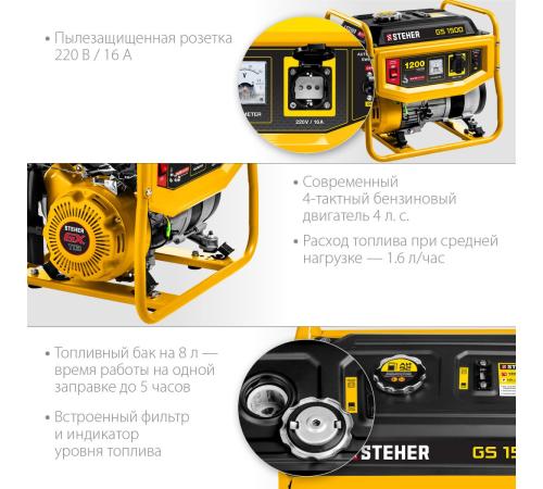STEHER 1200 Вт, бензиновый генератор (GS-1500)