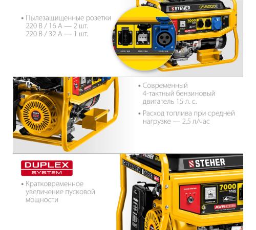 STEHER 7000 Вт, бензиновый генератор с электростартером (GS-8000E)