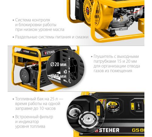 STEHER 7000 Вт, бензиновый генератор с электростартером (GS-8000E)