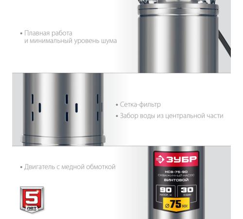 ЗУБР 550 Вт, 90 м напор, скважинный насос винтовой, корпус из нержавеющей стали (НСВ-75-90)