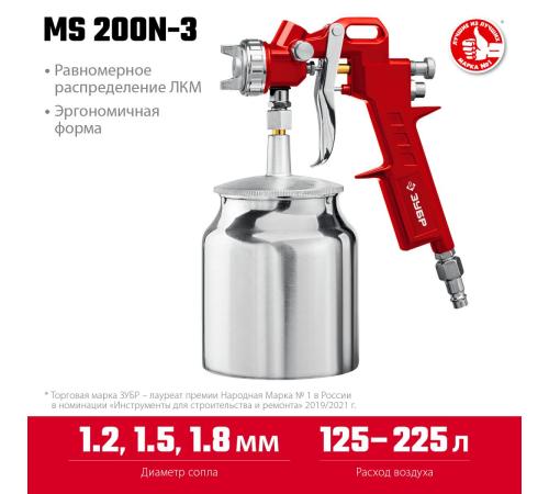 ЗУБР MS 200N-3, 1.2, 1.5, 1.8 мм, пневматический краскопульт с нижним бачком (06457)