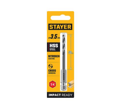 STAYER НЕХ-1/4″, d 3.5 х 93 мм, сверло по металлу для винтовёртов и шуруповертов IMPACT READY (29603-3.5)