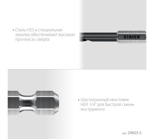 STAYER НЕХ-1/4″, d 5.0 х 109 мм, сверло по металлу для винтовёртов и шуруповертов IMPACT READY (29603-5)