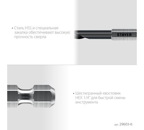 STAYER НЕХ-1/4″, d 6.0 х 116 мм, сверло по металлу для винтовёртов и шуруповертов IMPACT READY (29603-6)