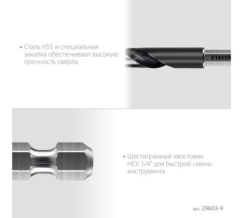 STAYER НЕХ-1/4″, d 9.0 х 125 мм, сверло по металлу для винтовёртов и шуруповертов IMPACT READY (29603-9)