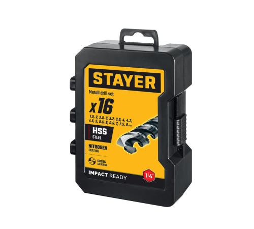 STAYER НЕХ-1/4″, 16 шт, набор сверл по металлу для винтовёртов и шуруповертов IMPACT READY (29603-H16)