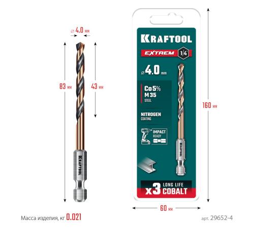 KRAFTOOL НЕХ-1/4″, d 4.0 х 83 мм, сверло по металлу для винтовёртов и шуруповертов IMPACT READY (29652-4)