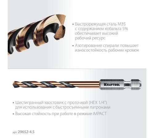 KRAFTOOL НЕХ-1/4″, d 4.5 х 87 мм, сверло по металлу для винтовёртов и шуруповертов IMPACT READY (29652-4.5)