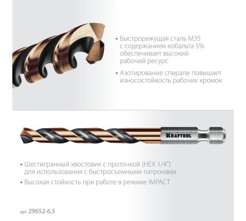 KRAFTOOL НЕХ-1/4″, d 6.5 х 107 мм, сверло по металлу для винтовёртов и шуруповертов IMPACT READY (29652-6.5)