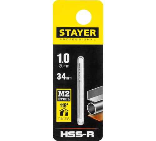 STAYER HSS-R, 1.0 х 34 мм, быстрорежущая сталь P6M5, сверло по металлу, Professional (29602-1)