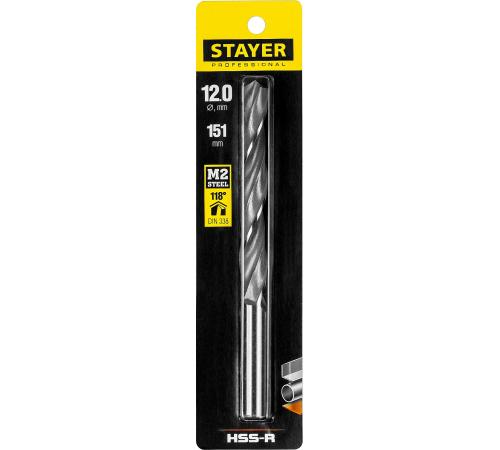 STAYER HSS-R, 12.0 х 151 мм, быстрорежущая сталь P6M5, сверло по металлу, Professional (29602-12)