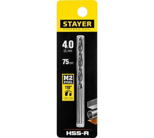 STAYER HSS-R, 4.0 х 75 мм, быстрорежущая сталь P6M5, сверло по металлу, Professional (29602-4)
