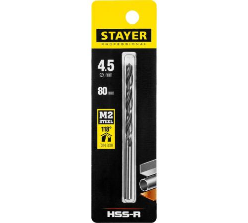 STAYER HSS-R, 4.5 х 80 мм, быстрорежущая сталь P6M5, сверло по металлу, Professional (29602-4.5)