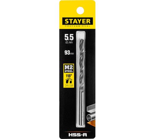 STAYER HSS-R, 5.5 х 93 мм, быстрорежущая сталь P6M5, сверло по металлу, Professional (29602-5.5)