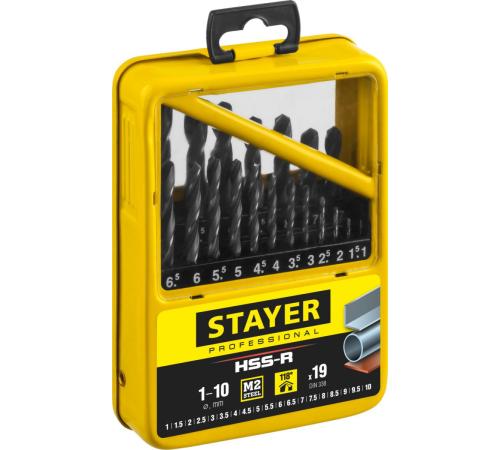 STAYER HSS-R, 19 шт, (1-10 мм), быстрорежущая сталь P6M5, класс В, мет.бокс, набор сверл по металлу, Professional (29602-H19-M)