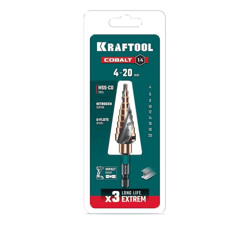 KRAFTOOL COBALT 4-20мм, 9 ступеней, азотирование, винтовая спираль, сверло ступенчатое(29691-4-20-9)