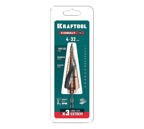 KRAFTOOL COBALT 4-32мм, 15 ступеней, азотирование, винтовая спираль, сверло ступенчатое(29691-4-32-15)
