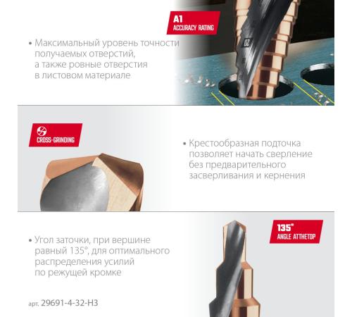 KRAFTOOL COBALT 3 шт., 4-32мм, азотирование, винтовая спираль, набор сверл ступенчатых(29691-4-32-H3)