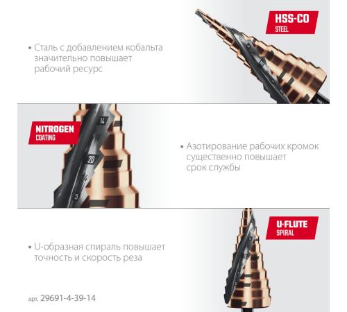 KRAFTOOL COBALT 4-39мм, 14 ступеней, азотирование, винтовая спираль, сверло ступенчатое(29691-4-39-14)