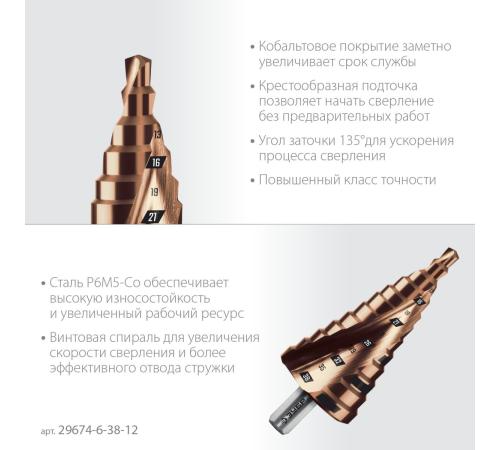 ЗУБР КОБАЛЬТ 6-38мм, 12 ступеней, винтовая проточка, сверло ступенчатое, ПРОФЕССИОНАЛ (29674-6-38-12)