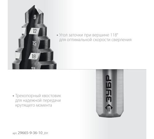 ЗУБР 9-36мм, 10 ступеней, сверло ступенчатое (29665-9-36-10)