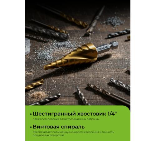 URAGAN 4-20мм, 9 ступеней, винтовая спираль, сверло ступенчатое(29658-4-20-9)
