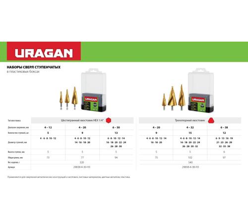 URAGAN 3 шт, 4-38мм, винтовая спираль, набор сверл ступенчатых (29658-4-38-H3)