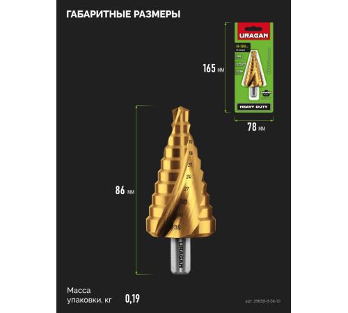 URAGAN 9-36мм, 10 ступеней, винтовая спираль, сверло ступенчатое (29658-9-36-10)