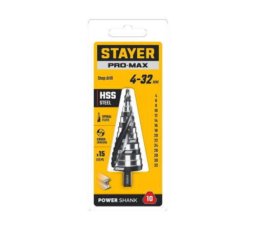 STAYER Pro-Max 4-32мм, 15 ступеней, винтовая спираль, сверло ступенчатое (29661-4-32-15)