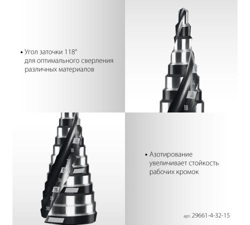 STAYER Pro-Max 4-32мм, 15 ступеней, винтовая спираль, сверло ступенчатое (29661-4-32-15)