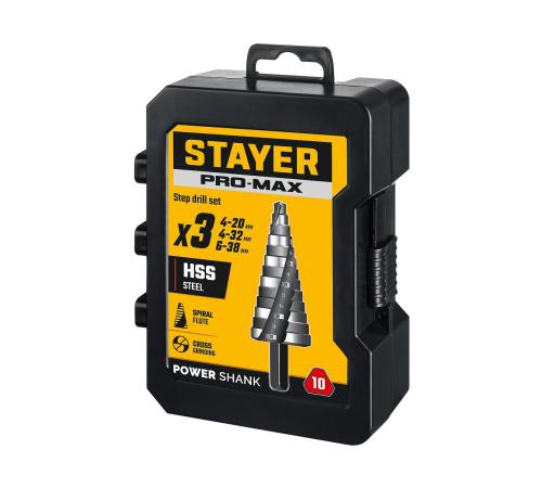 STAYER Pro-Max 3 шт, 4-38мм, винтовая спираль, набор сверл ступенчатых (29661-4-38-H3)