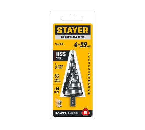 STAYER Pro-Max 4-39мм, 14 ступеней, винтовая спираль, сверло ступенчатое (29661-4-39-14)