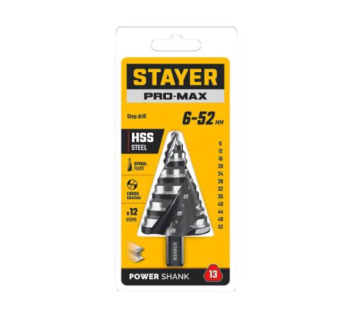 STAYER Pro-Max 6-52мм, 12 ступеней, винтовая спираль, сверло ступенчатое (29661-6-52-12)