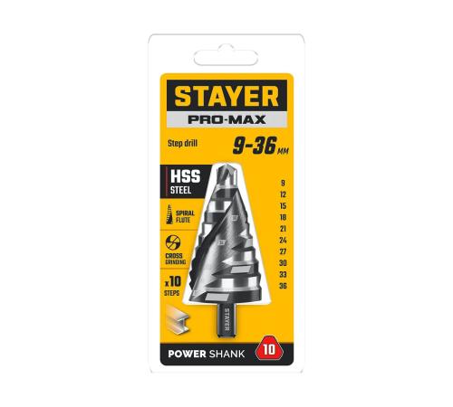 STAYER Pro-Max 9-36мм, 10 ступеней, винтовая спираль, сверло ступенчатое (29661-9-36-10)