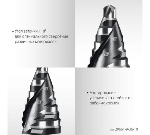 STAYER Pro-Max 9-36мм, 10 ступеней, винтовая спираль, сверло ступенчатое (29661-9-36-10)