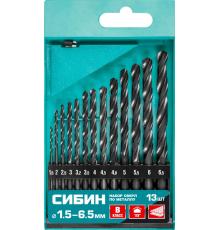 СИБИН 13 шт, (1.5-6.5 мм), быстрорежущая сталь, класс В, набор сверл по металлу (29610-H13)