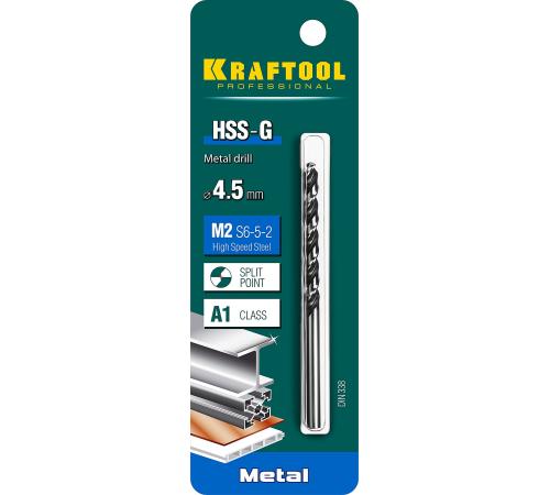 KRAFTOOL HSS-G, 4.5 х 80 мм, сталь P6M5, сверло по металлу (29651-4.5)