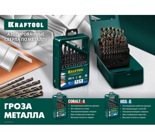 KRAFTOOL HSS-G, 19 шт, (1-10 мм), сталь P6M5, набор сверл по металлу (29651-H19)