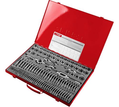 ЗУБР 110 предм., сталь 9ХС, набор метчиков и плашек (28119-H110)