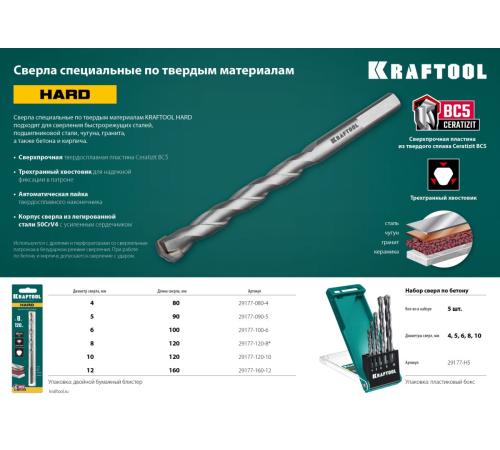 KRAFTOOL Hard, 5 шт: 4-5-6-8-10 мм, набор сверл по по твёрдым материалам (29177-H5)