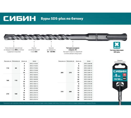 СИБИН 18 х 260 мм, SDS-plus бур (29312-260-18)